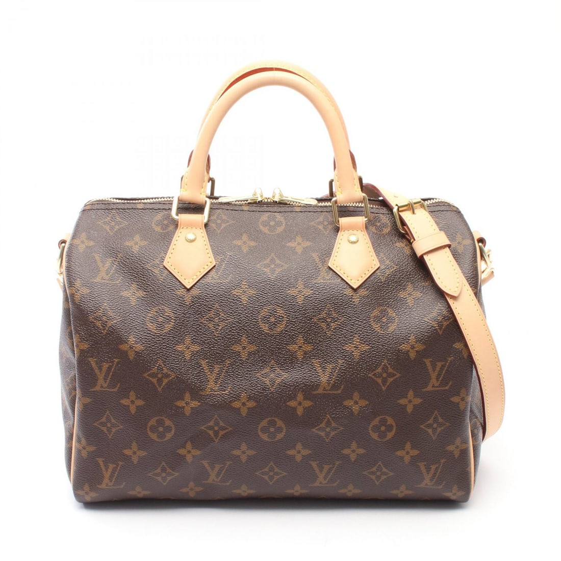 Louis Vuitton Speedy 30 Monogram Brown: Speedy 30 Monogram 2 way handbag in brown PVC coated canvas and leather. Size: W30 x H22 x D17 cm. Handle 28 cm. Includes shoulder strap key and padlock.