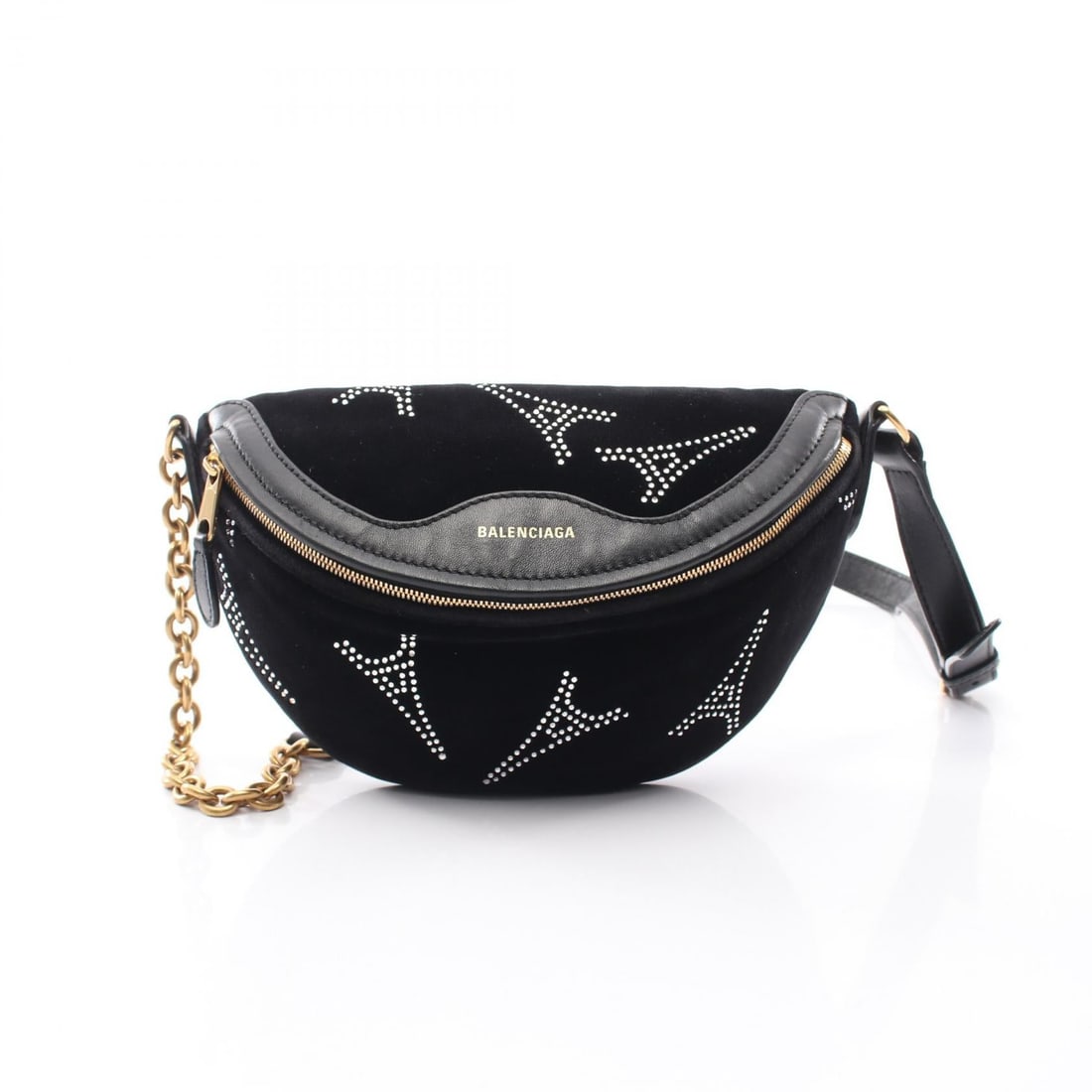Balenciaga Souvenir Rhinestones Waist Bag: Souvenir Rhinestones waist bag body bag in black leather and fabric. Size: W22 x H14 x D9 cm. Shoulder 74-112 cm.