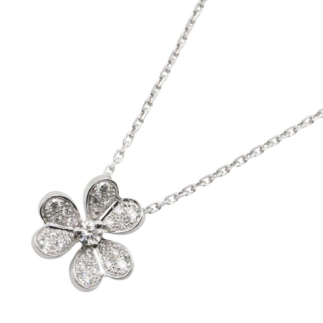 VCA Frivole Mini Diamond Necklace WG: Frivole Diamond Mini necklace in K18WG white gold with diamond. Includes repair certificate. Neck size 38-40cm. Motif 10mm wide x 10mm high. Weight 3.6g.