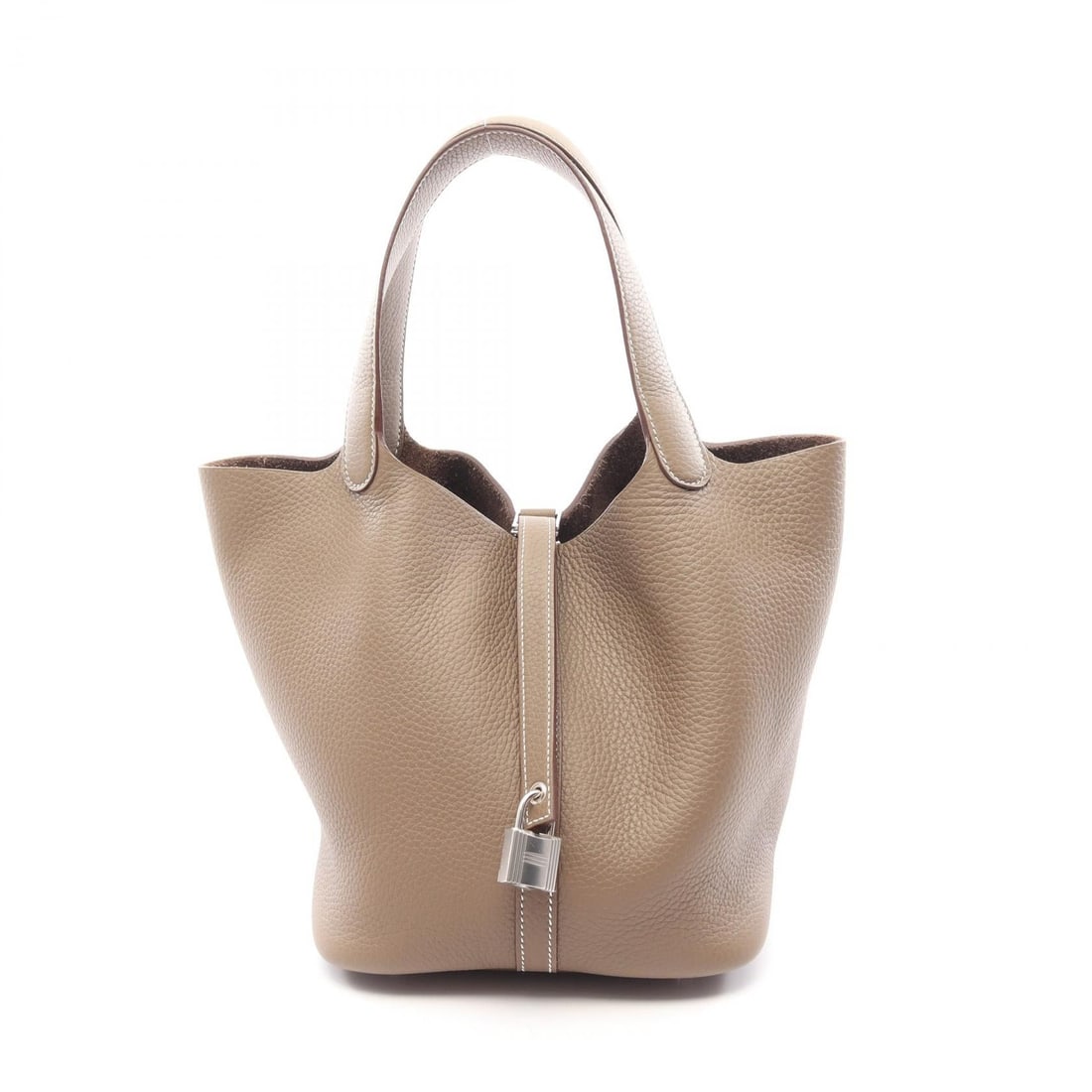 Hermes Picotin Lock MM Etoupe Gray: Picotin Lock MM handbag in Etoupe Grey Taurillon Clemence leather. Size: W22 x H21 x D17 cm. Handle 34 cm. Includes storage box, storage bags, key, and cadena.