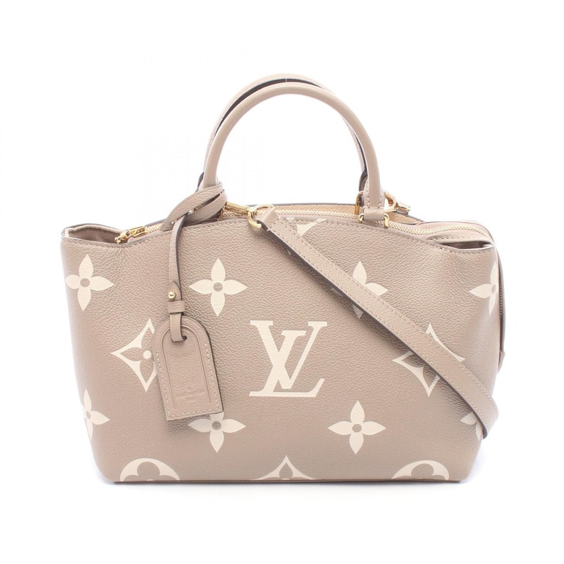 Louis Vuitton Petit Palais PM Beige 2Way: Turtle claim beige Petit Palais PM 2WAY handbag in Monogram empreinte leather. Includes shoulder strap, key, padlock, and name tag. 28 x 20 x 12 cm; handle 28 cm; shoulder 95-110 cm. Model M58914.