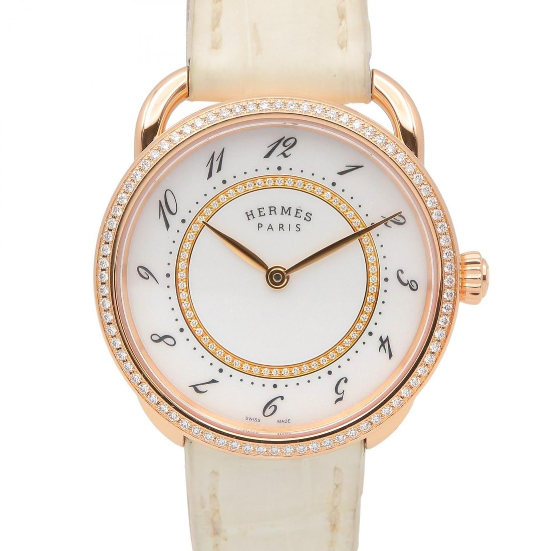 Hermes Arceau AR13.471 K18PG Diamond: Wrist watch. Color: White / White / Gold. Material: K18PG (Rose Gold), diamond, leather. Model AR13.471. Accessories: Storage box. Case 30mm; max wrist 16.5cm.