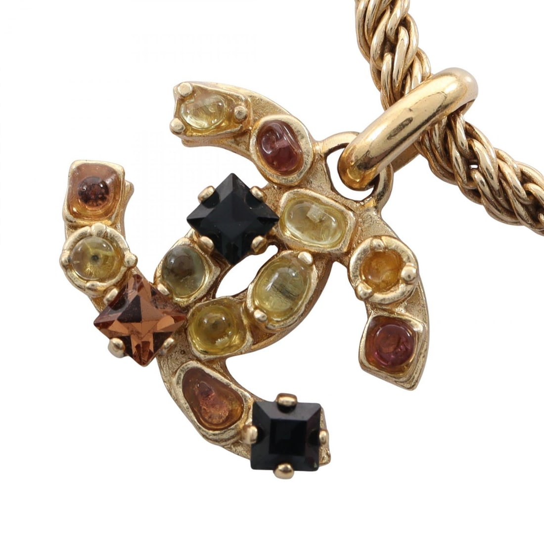 Chanel COCO Mark Gripoa Gold Necklace: COCO Mark Gripoa necklace in gold plated metal with rhinestone, gold and multicolor. Adjustable neck size 43-48cm. Motif 22mm wide x 15mm high.
