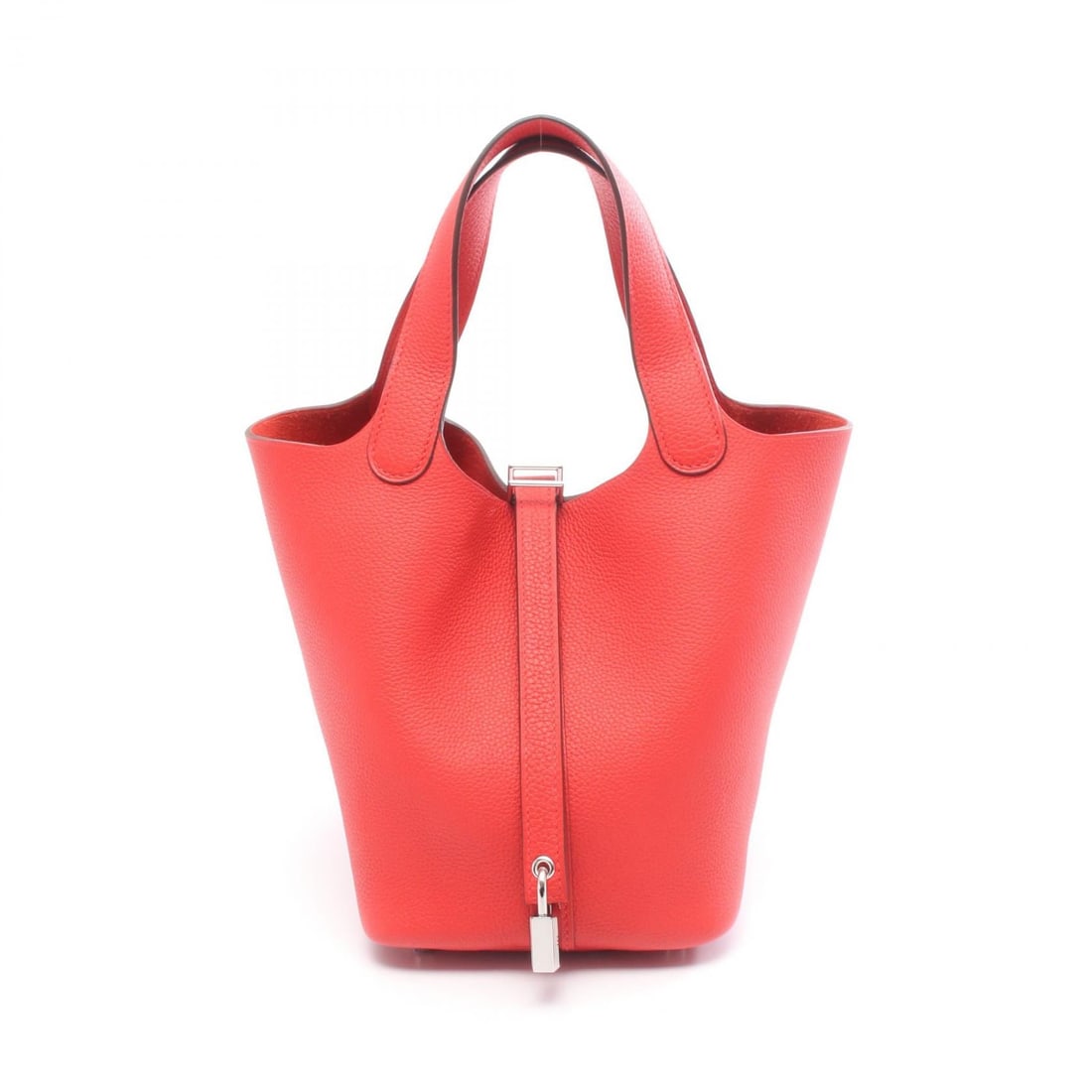 Hermes Picotin Lock PM Rouge Coeur: Rouge coeur Picotin Lock PM handbag in leather and Taurillon Clemence. Includes key and cadena. 19 x 18.5 x 13.5 cm with 31 cm handle.
