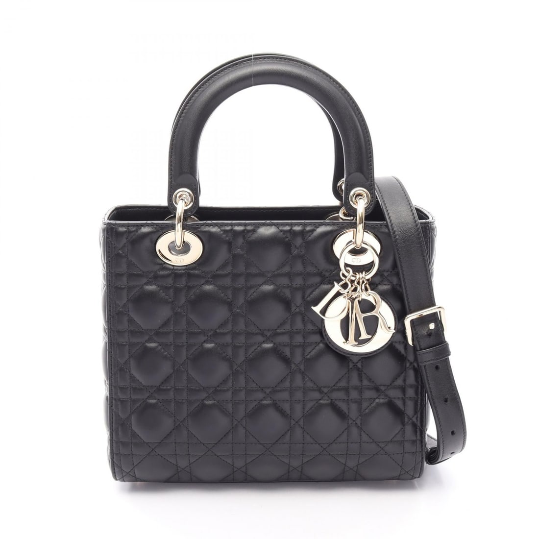 Dior Lady Dior Medium Cannage Black 2Way: Black LADY DIOR Medium Cannage 2WAY handbag in leather. Includes shoulder strap. 24 x 20 x 12 cm; handle 34 cm; shoulder 110-120 cm. Model M0565ONG.