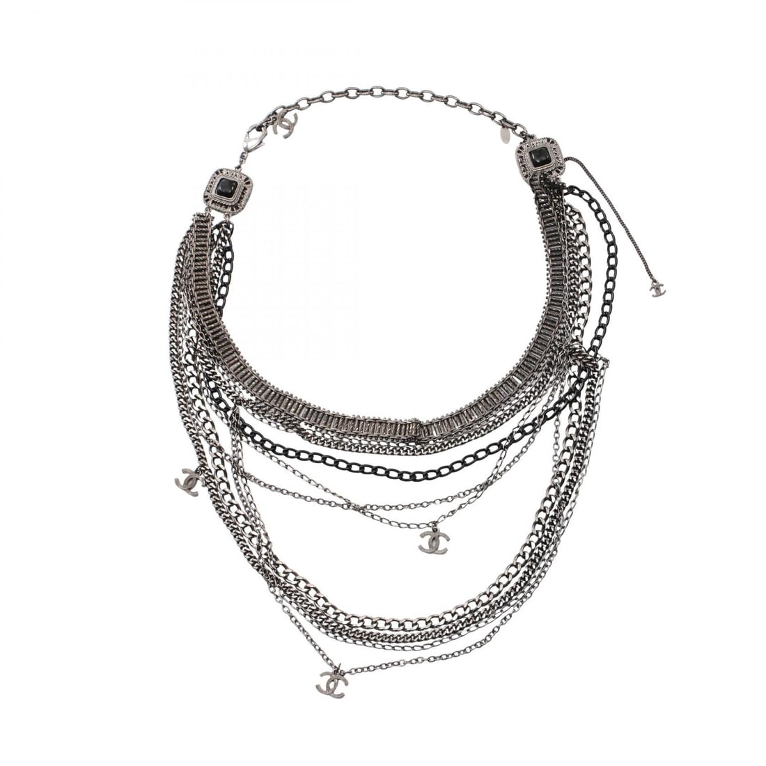 Chanel COCO Mark Silver Black Necklace: COCO Mark 10 series necklace in metal, silver and black. Adjustable neck size 42.5-54.5cm. Motif 13mm wide x 10mm high.