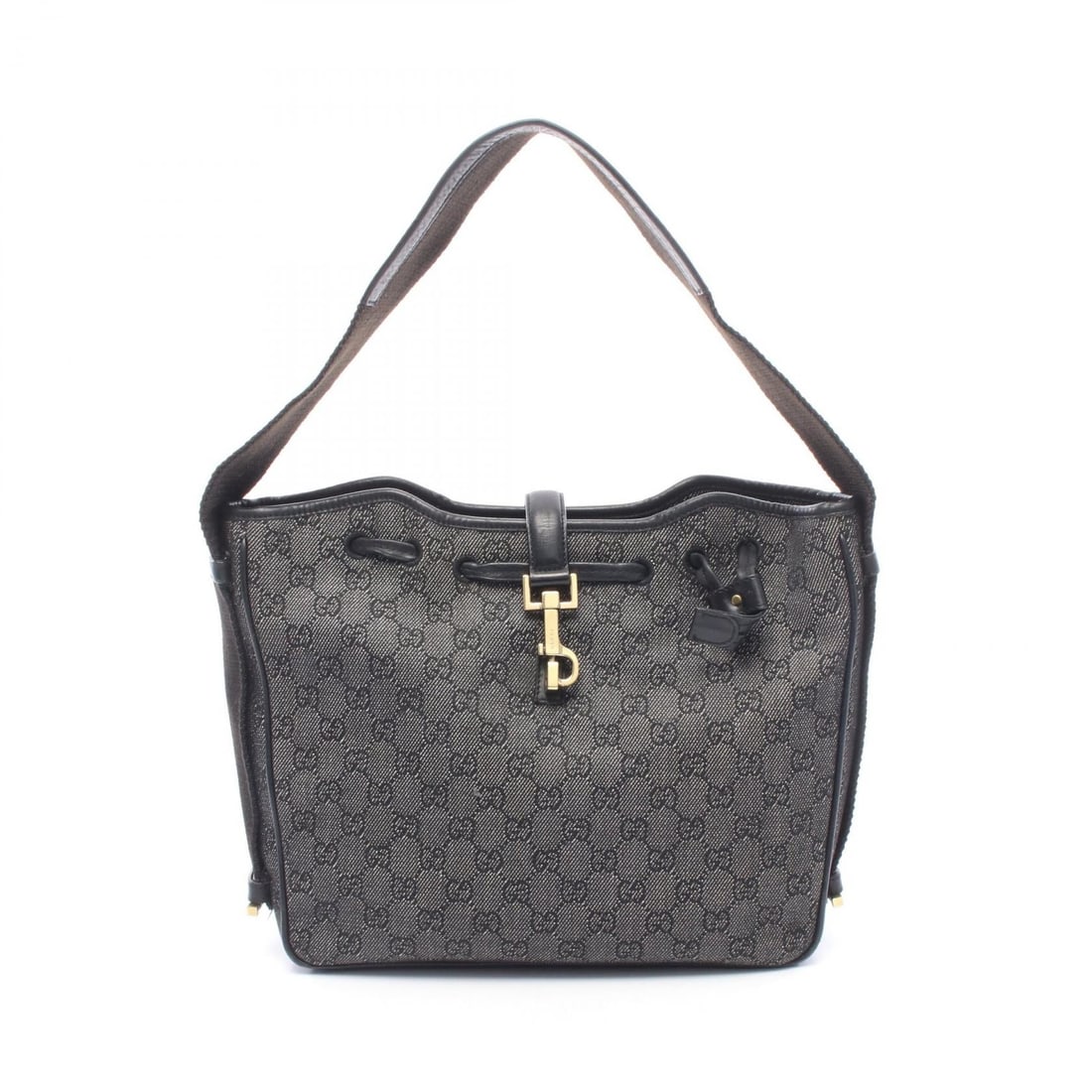 Gucci GG Denim Shoulder Bag Black: Black GG denim shoulder bag with leather trim. Size: W28 x H25 x D7.5 cm. Strap drop 21 cm. Shoulder 59 cm.