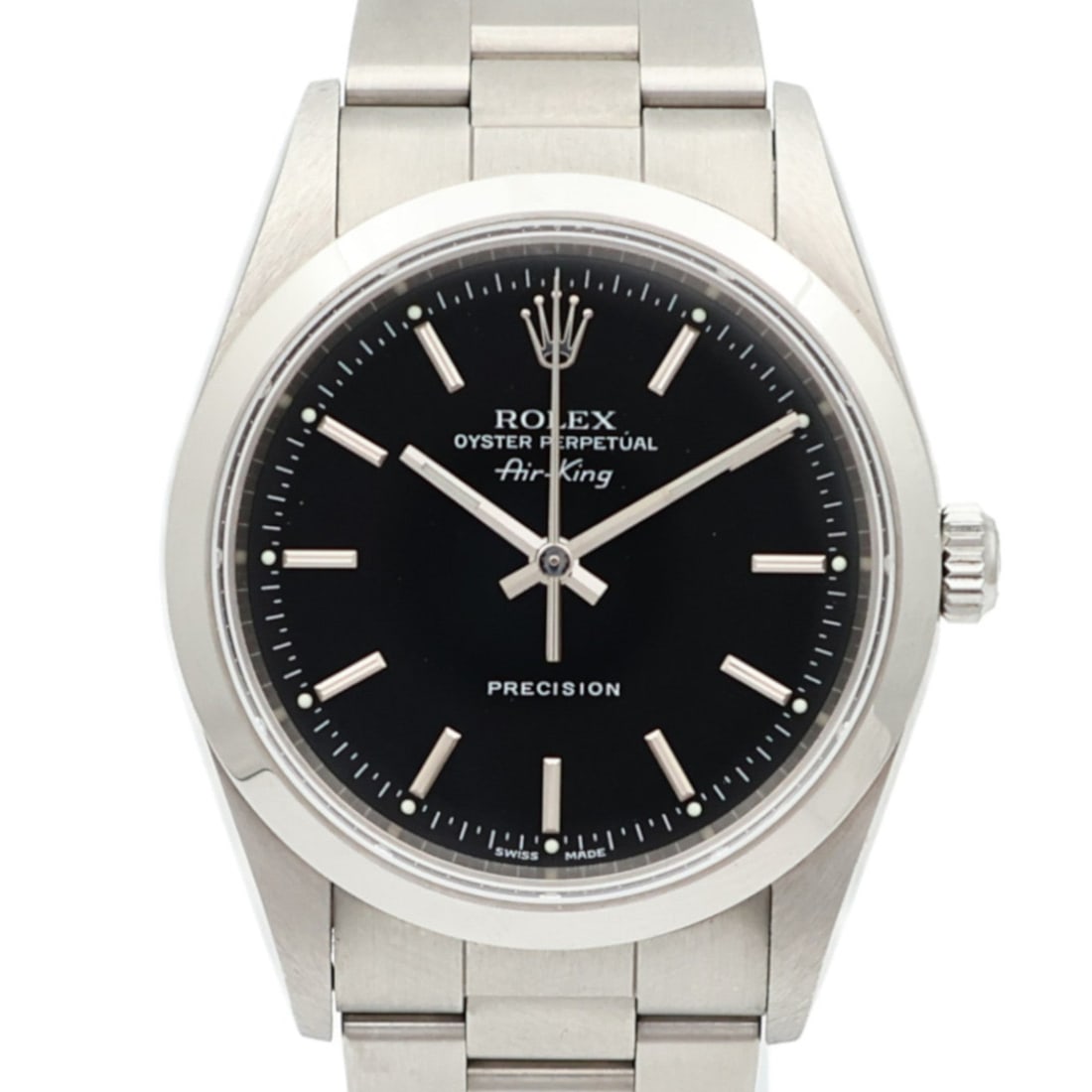 Rolex Air-King 14000M SS Black: Automatic watch. Color: Black. Material: Stainless Steel. Accessories: Guarantee. Case 34mm; max wrist 18cm; band 14-18mm.