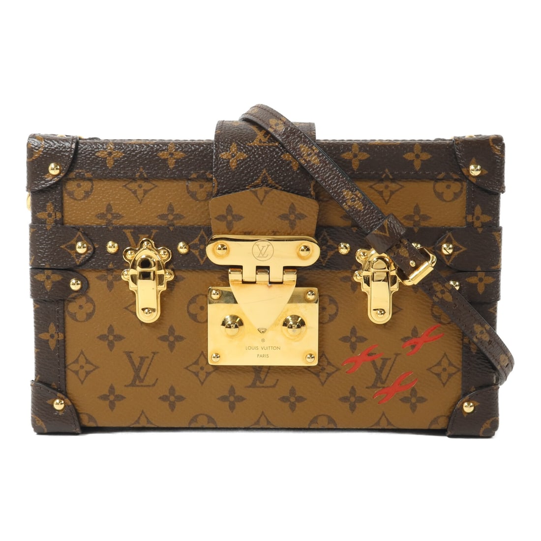 Louis Vuitton Petite Malle Reverse Bag: Brown Petite Malle shoulder bag with LV GHW in Monogram Reverse PVC coated canvas. Includes storage bags and shoulder strap. 20 x 12 x 5.5 cm; shoulder 108-117 cm. Model M45960.