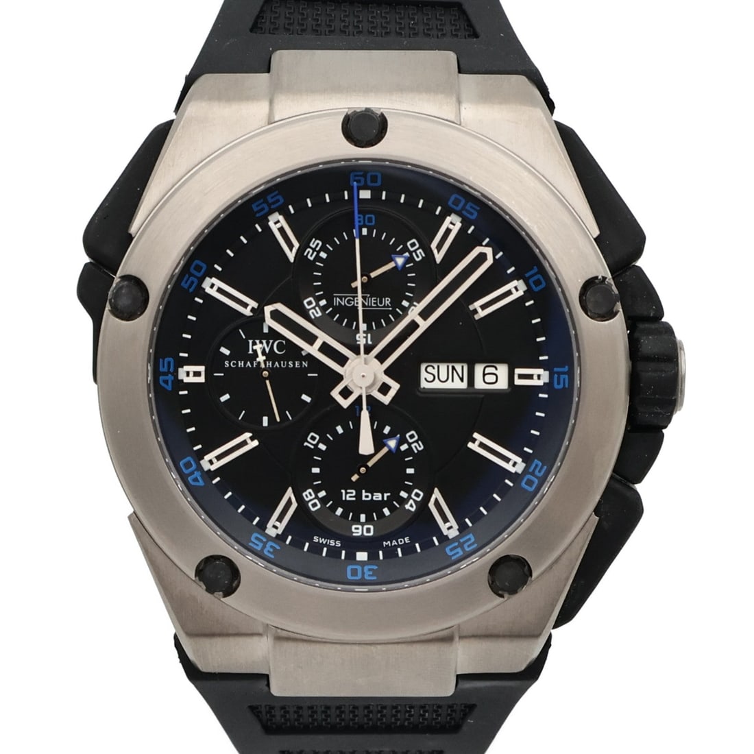 IWC Ingenieur Double Chronograph IW376501K: Automatic watch. Color: Black / Black. Material: titanium, Rubber belt. Case 45mm; wrist 16cm, max 21cm; band 20-30mm.