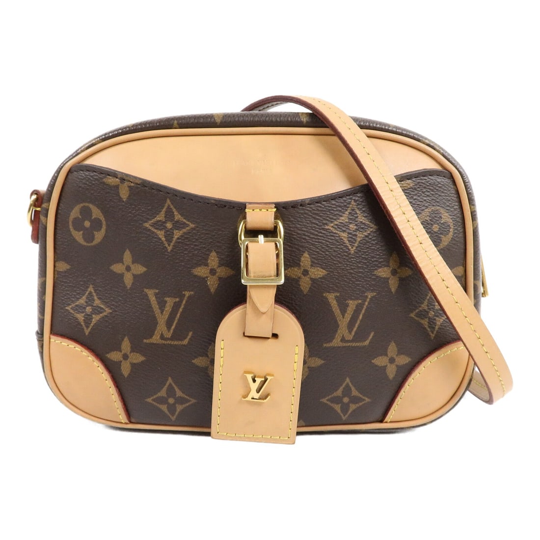 Louis Vuitton LV GHW Deauville Mini Brown: LV GHW Deauville Mini shoulder bag in brown Monogram PVC coated canvas. Size: W20 x H14 x D8 cm. Shoulder 113-123 cm. Includes shoulder strap and brand tag.