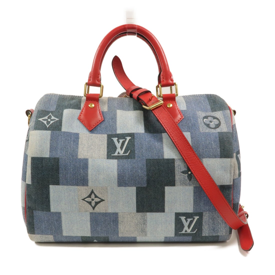 Louis Vuitton LV GHW Speedy 30 Denim: LV GHW Speedy Bandouliere 30 2 way bag in blue and red denim. Size: W30 x H21 x D17 cm. Handle 25.5 cm. Shoulder 106-118 cm. Includes shoulder strap key and padlock.