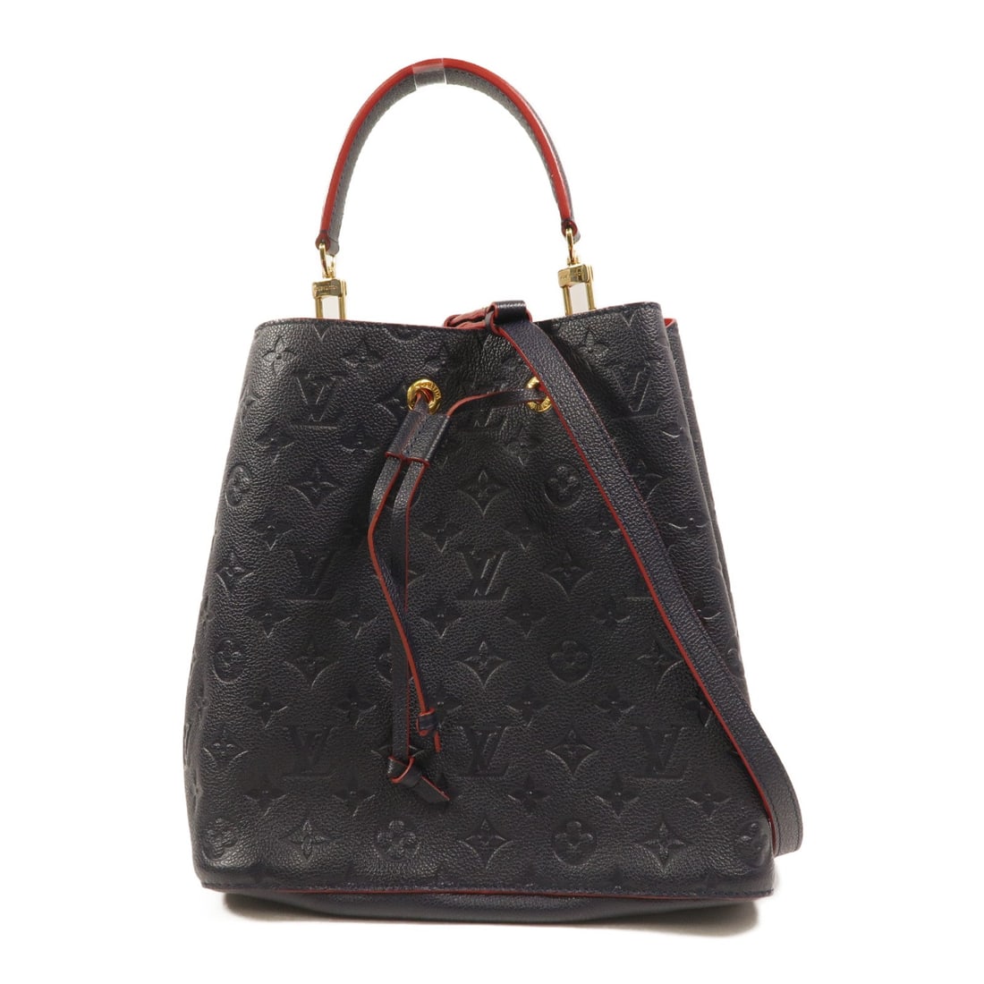 Louis Vuitton LV GHW Neo Noe Navy Red: LV GHW Neo Noe MM 2 way bag in navy and red Monogram Empreinte calfskin. Size: W26 x H26 x D17 cm. Handle 33 cm. Shoulder 68-116 cm. Includes shoulder strap.