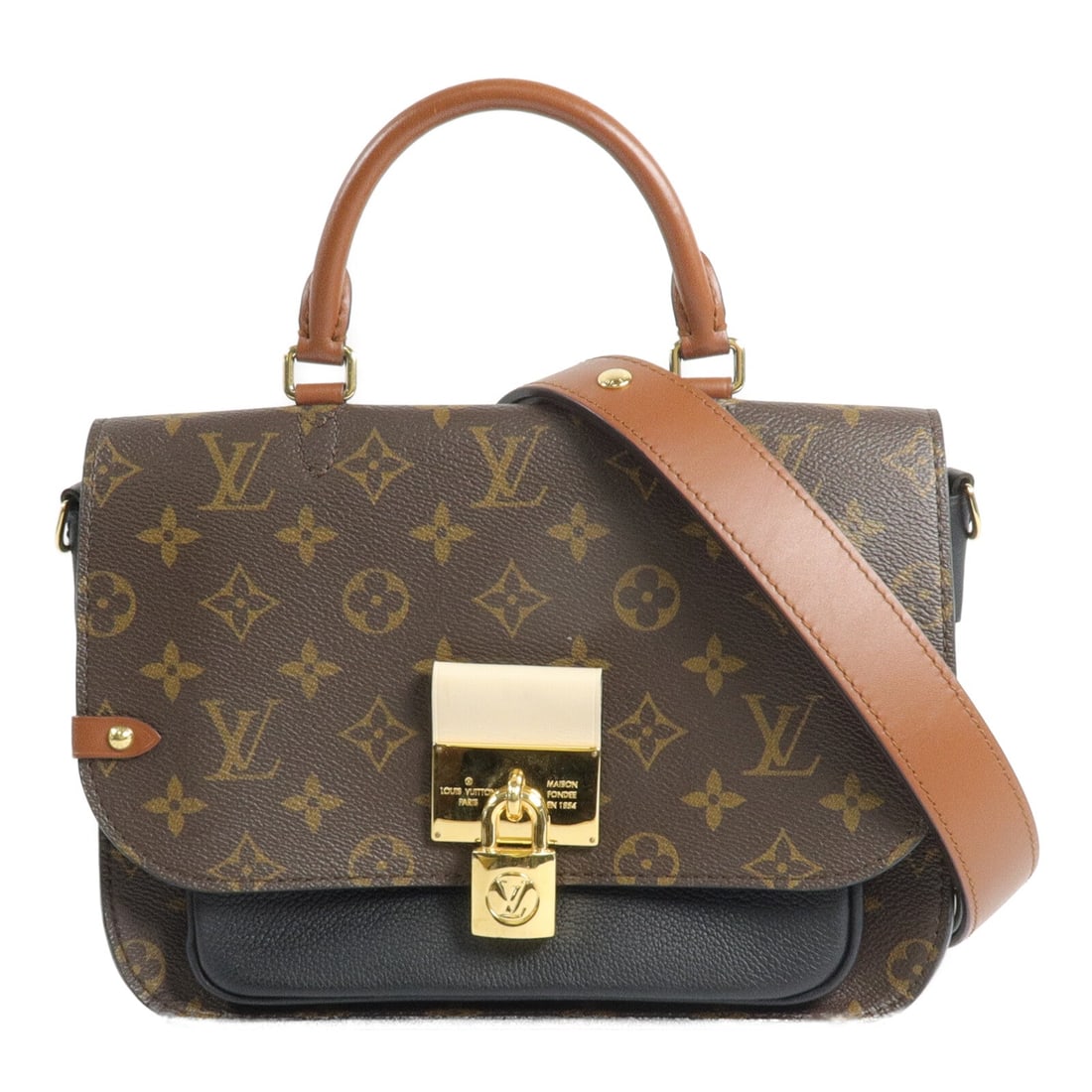 Louis Vuitton Vaugirard Monogram 2Way Bag: Brown and black Vaugirard 2-way shoulder bag in PVC coated canvas and Calfskin (cowhide). Includes shoulder strap and padlock. 26 x 19 x 9.5 cm; handle 24 cm; shoulder 74-113 cm. Model M44354.