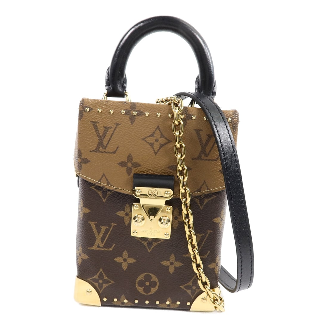 Louis Vuitton LV GHW Camera Box Brown: LV GHW Camera Box 2 way chain shoulder bag in brown Monogram Reverse PVC coated canvas. Size: W12.5 x H17.5 x D6 cm. Handle 18 cm. Shoulder 104-119 cm. Includes shoulder strap.