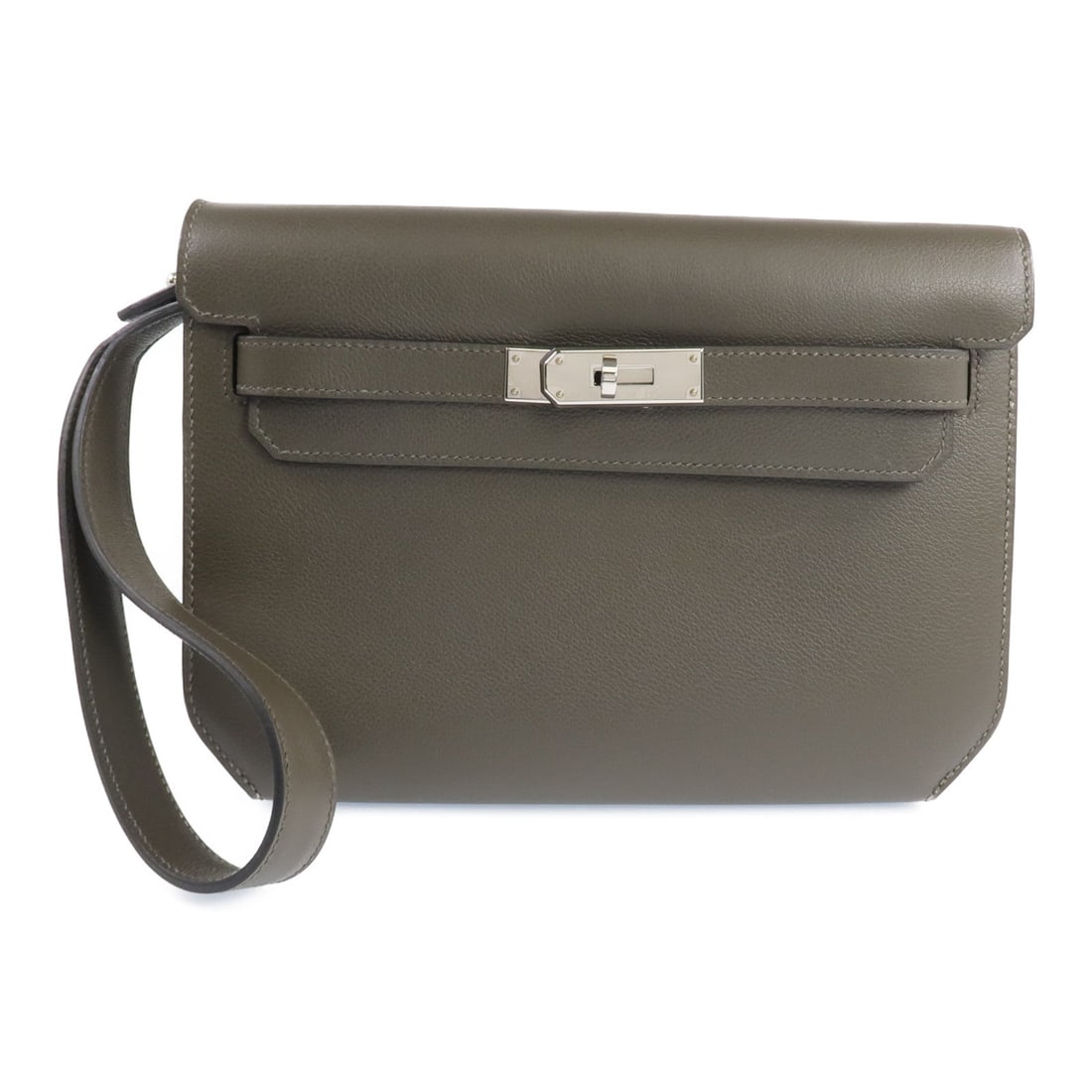 Hermes PHW Kelly Depeches 25 Green: PHW Kelly Depeches 25 clutch bag in Vert Maquies and gray EverColor calfskin. Size: W22 x H18 x D3.5 cm. Handle 45 cm. Includes storage bags.