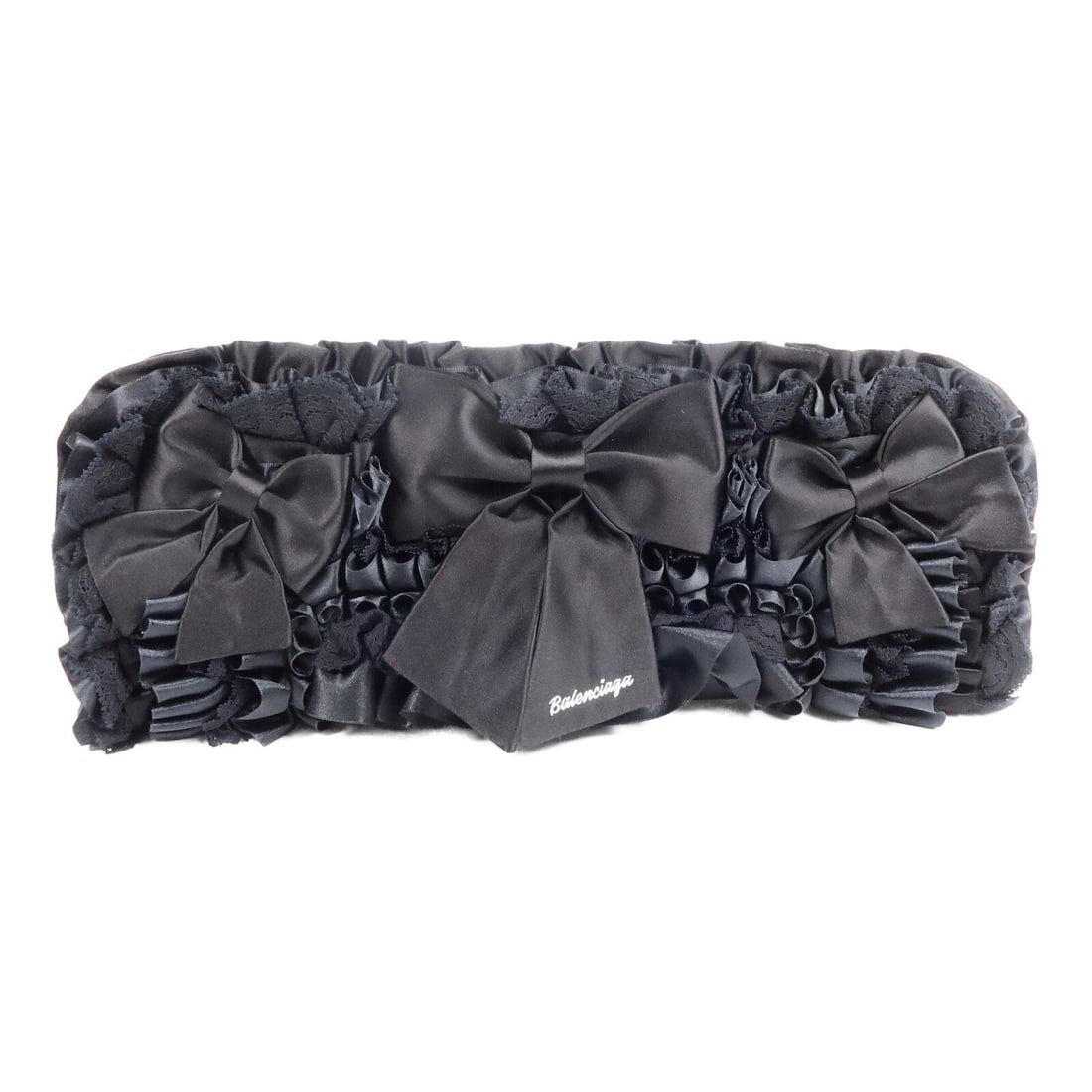 Balenciaga Ruffle Clutch Black Satin Lace: Ruffle clutch in black satin and lace. Size: W39.5 x H16 x D5.5 cm. Includes storage bag.