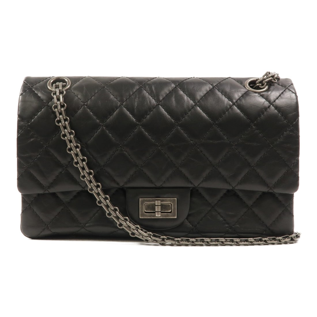 Chanel 2.55 Small SHW Black Bag: Black 2.55 Small chain shoulder bag with CC SHW in Calfskin (cowhide). Includes storage bags, hologram sticker, and guarantee. 24 x 16 x 7.5 cm; shoulder 62-104 cm. Model A37586.