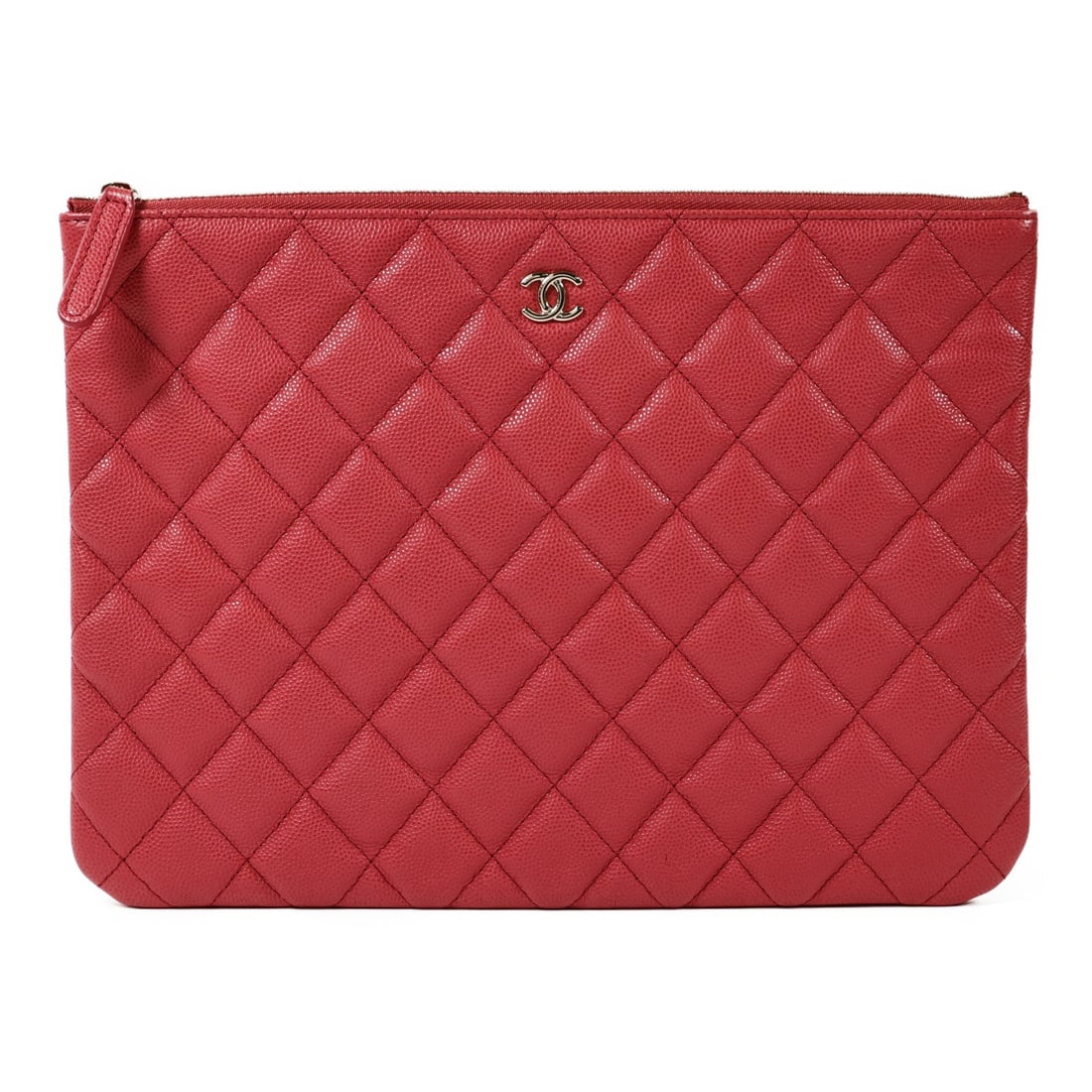 Chanel CC GHW Pouch Clutch Red: CC GHW pouch clutch bag in red calfskin (cowhide). Size: W27 x H20 cm. Includes hologram sticker.