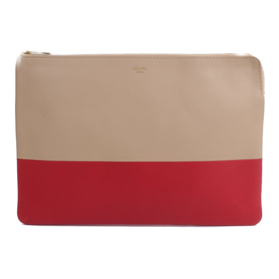 Celine GHW Calfskin Clutch Red Beige: GHW clutch bag in red and beige calfskin (cowhide). Size: W25 x H17 x D0.8 cm.