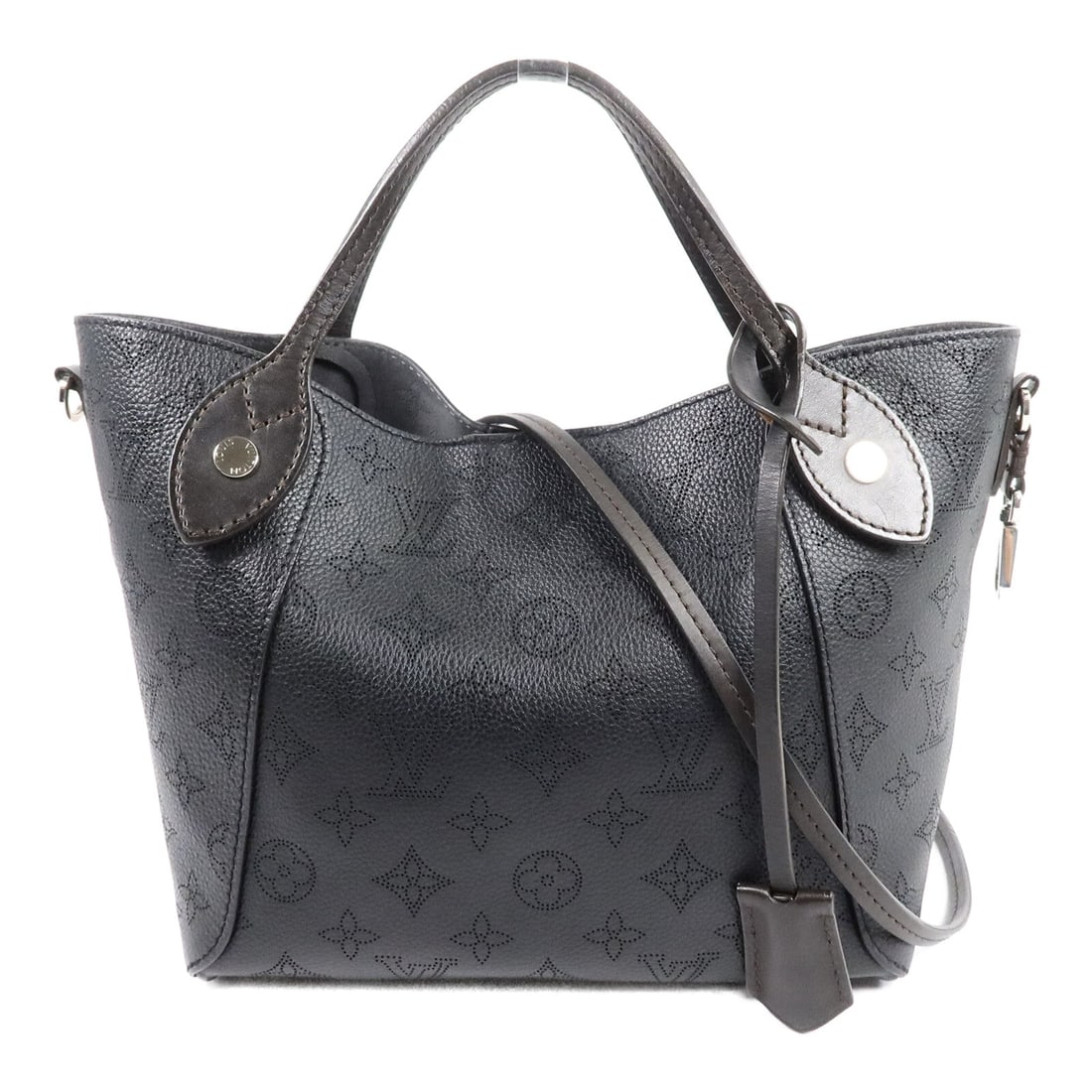 Louis Vuitton LV SHW Hina PM Black: LV SHW Hina PM 2 way shoulder bag in black Mahina calfskin. Size: W23-35 x H20 x D13.5 cm. Handle 26 cm. Shoulder 108-118 cm. Includes shoulder strap and pouch.