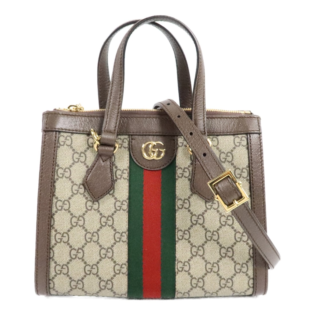 Gucci GG GHW Ophidia Small Tote Brown: GG GHW Ophidia Small Tote 2 way shoulder bag in brown PVC coated canvas. Size: W24 x H19.5 x D9.5 cm. Handle 29 cm. Shoulder 110-135.5 cm. Includes storage bag and shoulder strap.