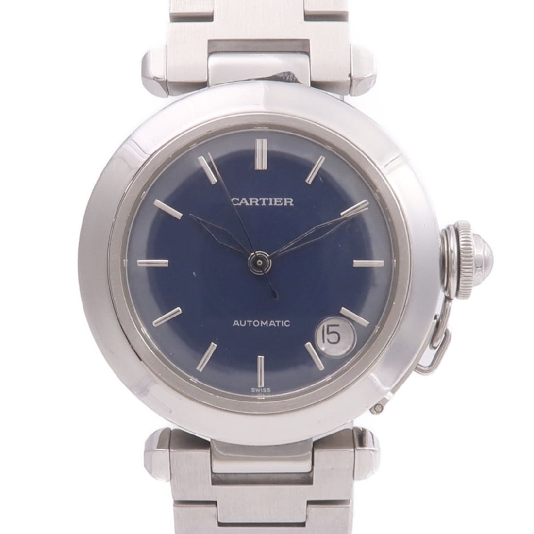 Cartier Pasha C W31014M7 SS Navy: Automatic watch. Color: Navy. Material: Stainless Steel. Case 35mm; max wrist 16cm; band 17mm.