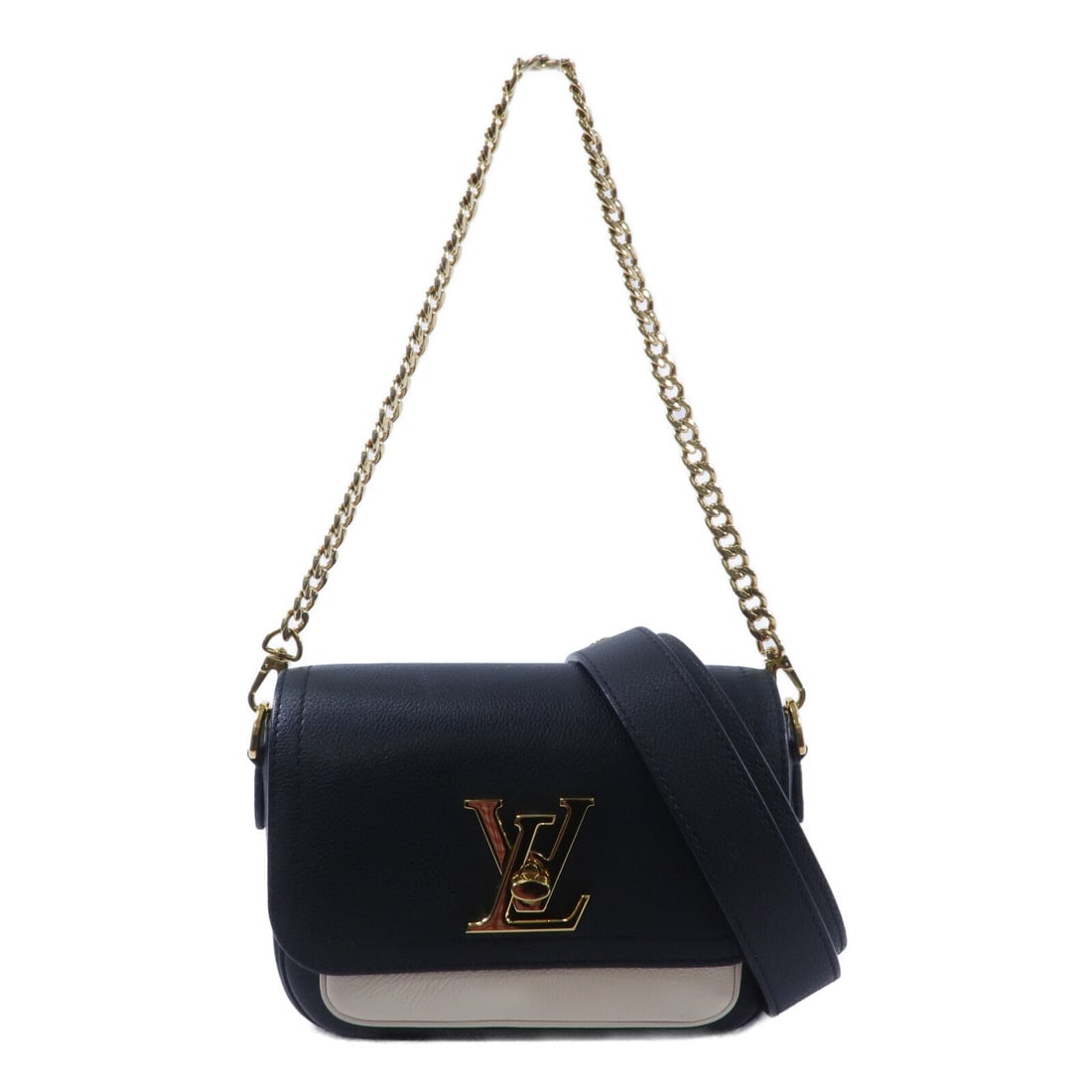 Louis Vuitton LV GHW Lockme Tender: LV GHW Lockme Tender 2 way bag in black and white calfskin. Size: W19 x H15 x D6.5 cm. Handle 52 cm. Shoulder 68.5-120 cm. Includes storage bags and shoulder strap.