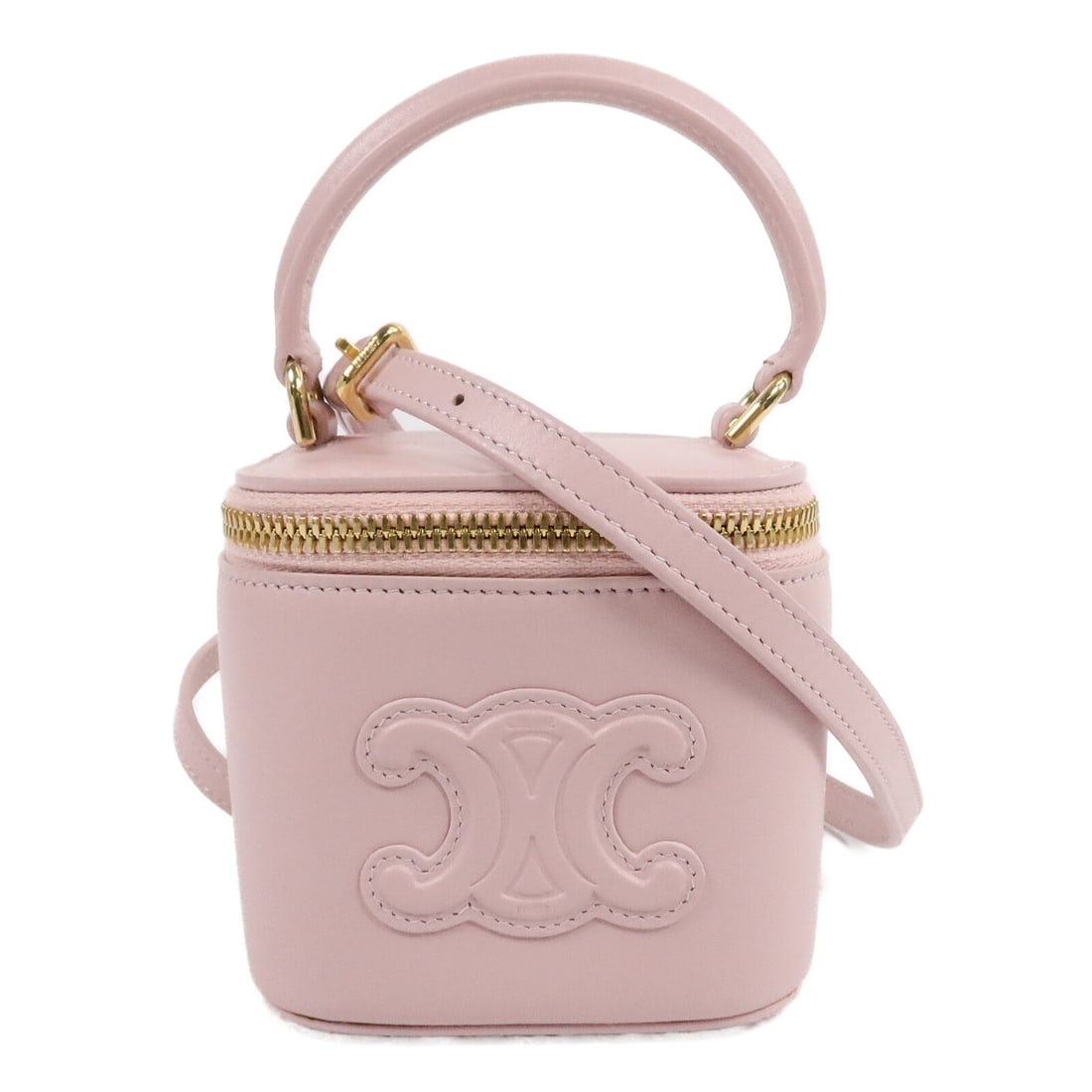 Celine GHW Mini Vanity 2 Way Pink: GHW Mini Vanity Case 2 way shoulder bag in pink calfskin (cowhide). Size: W9.5 x H9 x D9 cm. Handle 20 cm. Shoulder 107.5-123.5 cm. Includes storage box, storage bags, and shoulder strap.