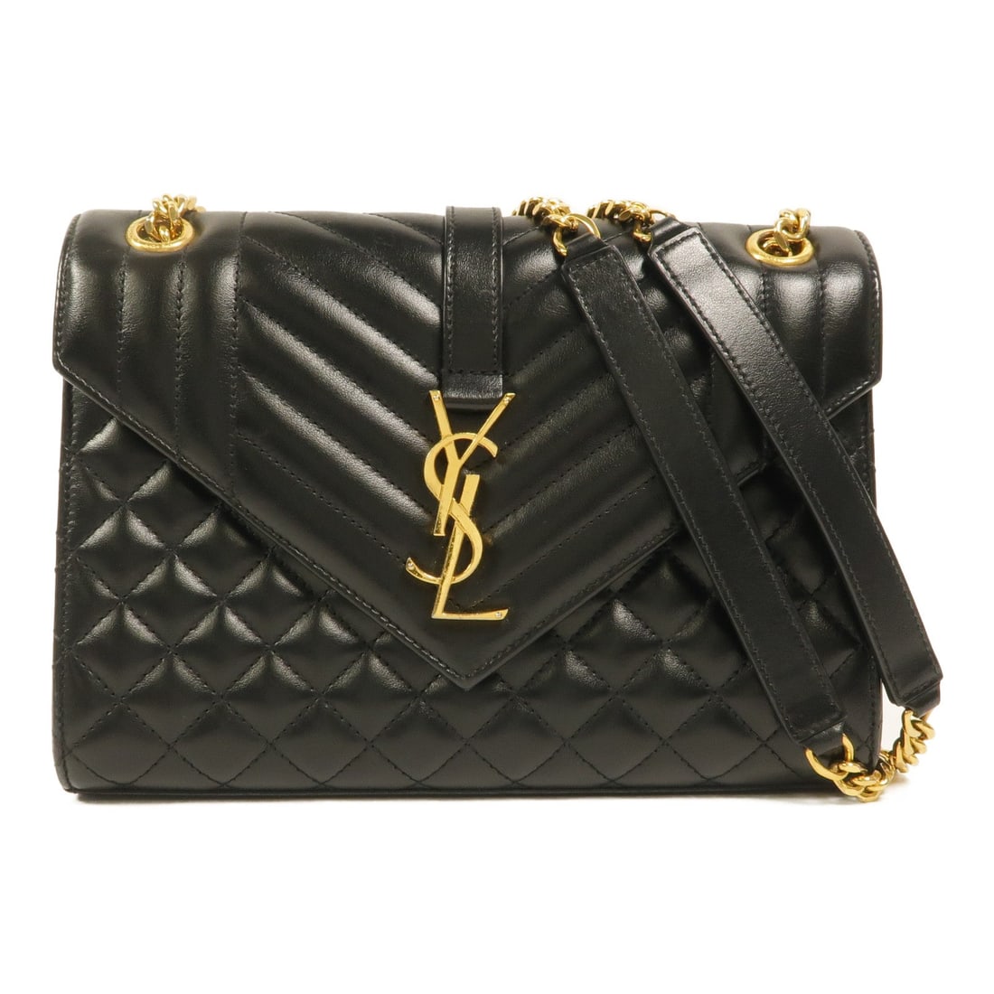 Saint Laurent YSL GHW Envelope Black: YSL GHW Envelope Medium chain shoulder bag in black calfskin. Size: W24 x H17.5 x D5.5 cm. Shoulder 70-120 cm. Includes storage bags.