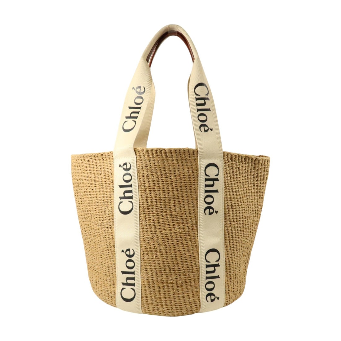 Chloe Woody Large Beige Raffia: Woody Large shoulder bag in beige calfskin, canvas, and raffia. Size: W30 x H28 x D27 cm. Shoulder 54 cm.