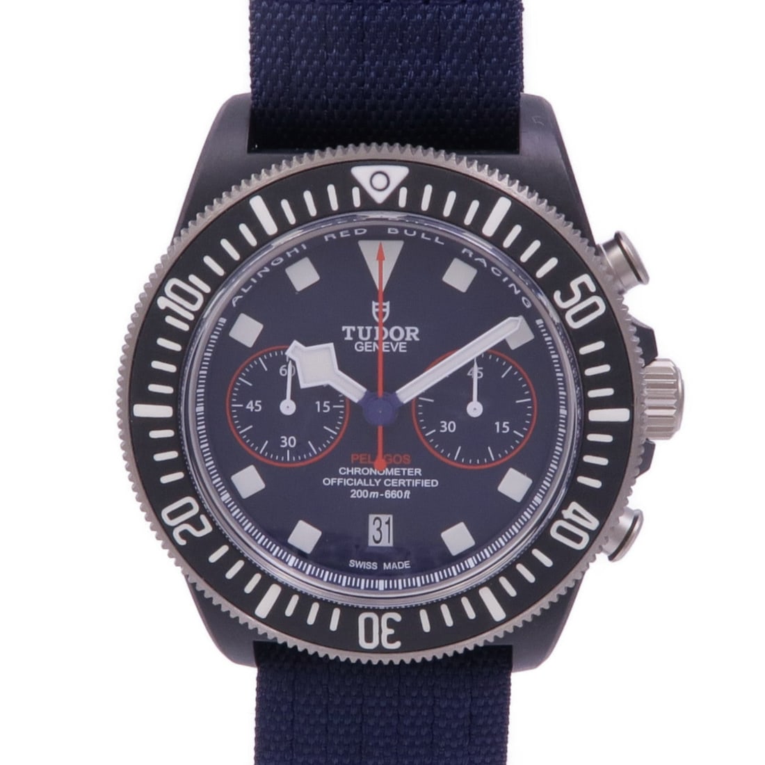 Tudor Pelagos FXD Chrono 25807KN Blue: Automatic watch. Color: Blue / Black. Material: Other, Carbon Composite. Model 25807KN. Accessories: Storage box, guarantee, instructions, case. Case 43mm; wrist 14.5cm, max 19cm; band 22mm.
