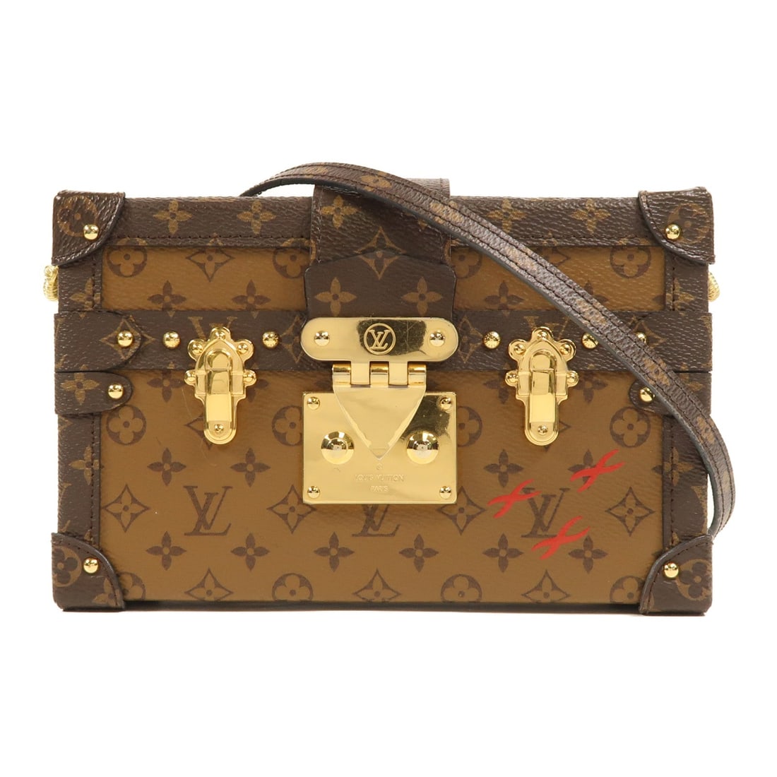 Louis Vuitton LV GHW Petite Malle Brown: LV GHW Petite Malle shoulder bag in brown Monogram Reverse PVC coated canvas. Size: W20 x H12 x D5.5 cm. Shoulder 108-117 cm. Includes shoulder strap.
