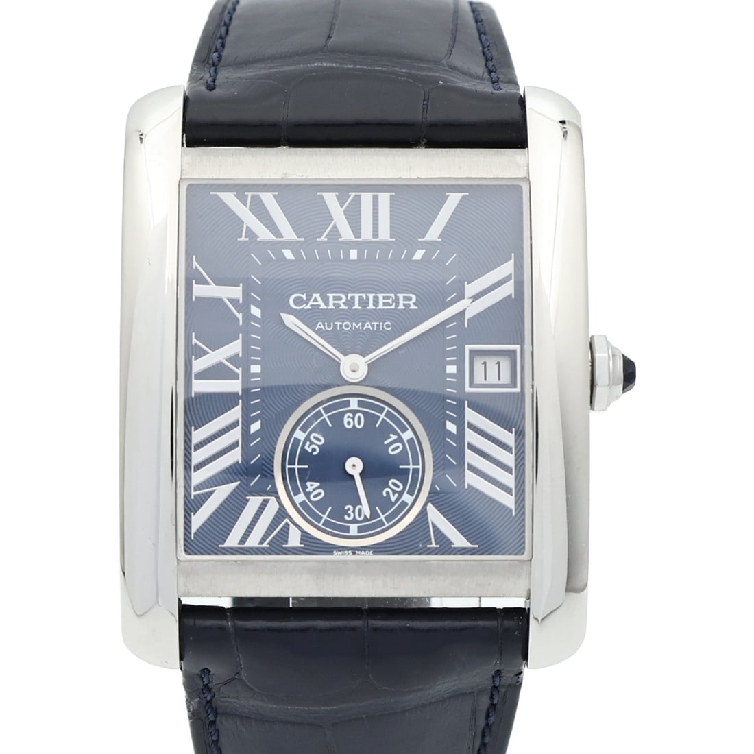 Cartier Tank MC WSTA0010 SS Blue: Automatic watch. Color: Blue / Blue. Material: Stainless Steel, Leather belt. Case 34mm x 44mm; max wrist 17cm; band 19-25mm.