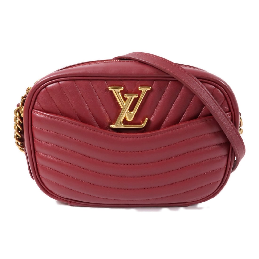 Louis Vuitton LV GHW New Wave Red: LV GHW New Wave chain shoulder bag in red calfskin. Size: W22 x H15 x D6 cm. Shoulder 110 cm. Includes storage box and storage bags.