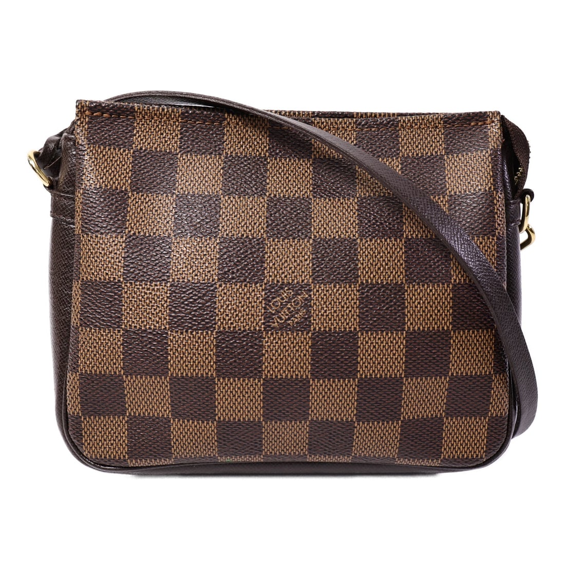 Louis Vuitton LV GHW Trousse Makeup Brown: LV GHW Trousse Makeup accessory pouch handbag in Ebene brown Damier PVC coated canvas. Size: W16 x H14 x D5.5 cm. Handle 43 cm.