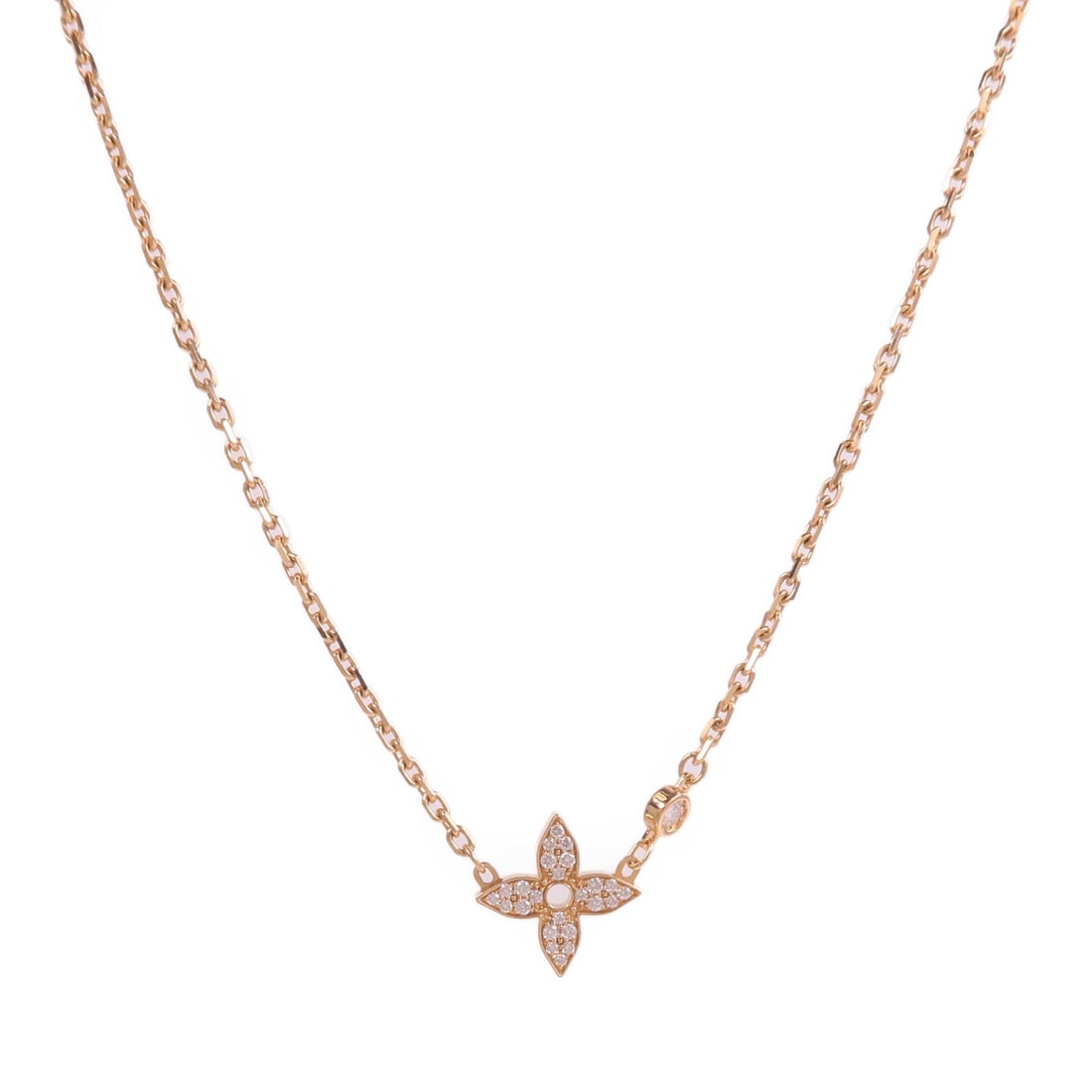 LV Idylle Blossom Rose Gold Necklace: LV Idylle Blossom Pendant in K18PG rose gold with diamond. Includes storage box, storage bags, and case. Neck size 40cm. Motif 17mm wide x 11mm high.