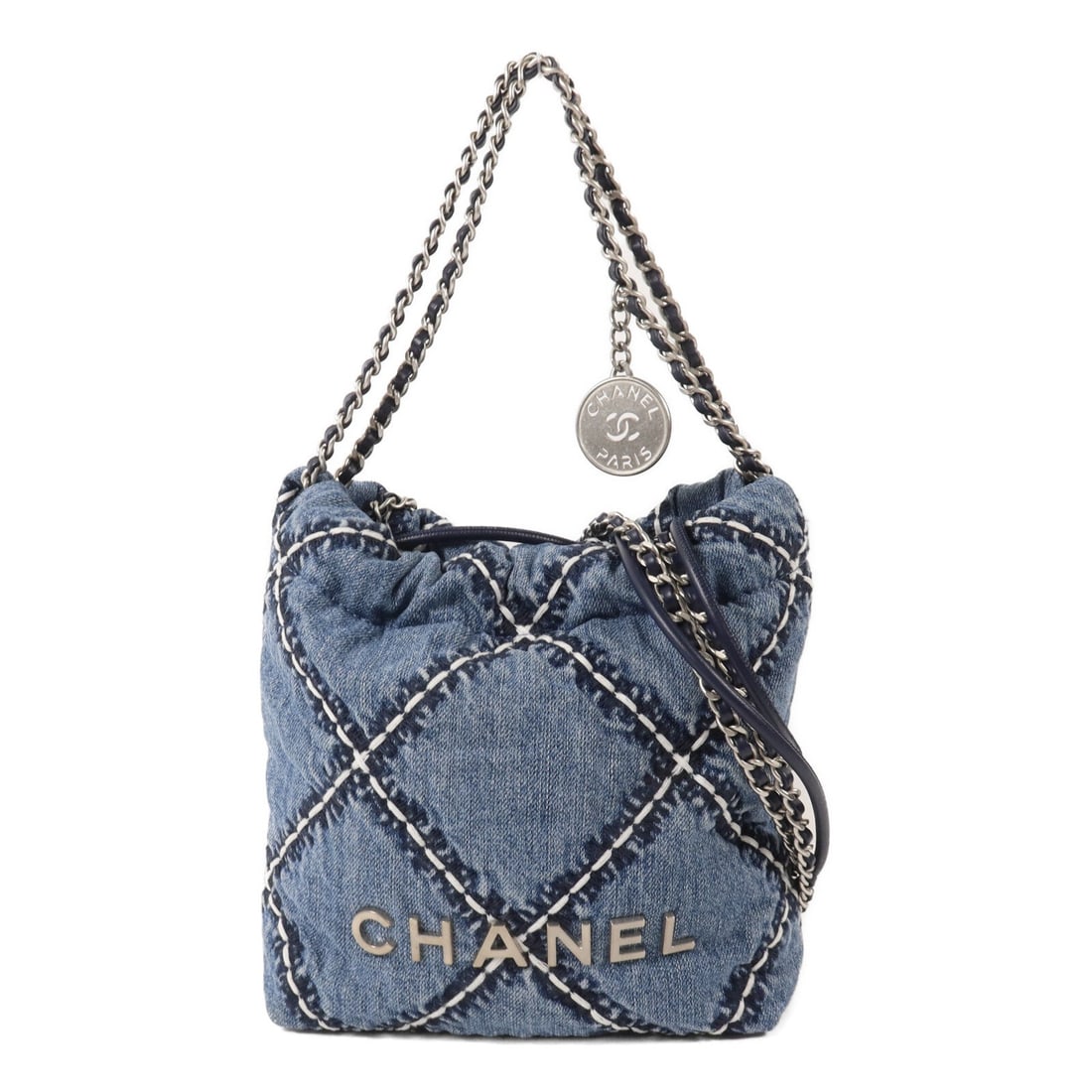 Chanel CC SHW Chanel 22 Mini Denim: CC SHW Chanel 22 Mini chain shoulder bag in blue denim. Size: W22 x H19 x D6 cm. Handle 28 cm. Shoulder 118 cm. Includes storage box, storage bags, and hologram sticker.