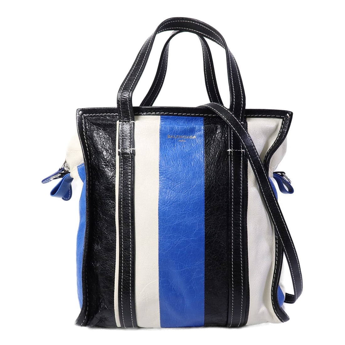 Balenciaga SHW Bazar Tote Black Blue: SHW Bazar Shopping Tote 2 way shoulder bag in black, white, and blue calfskin. Size: W28 x H28.5 x D16 cm. Handle 41 cm. Shoulder 116-134 cm. Includes shoulder strap.