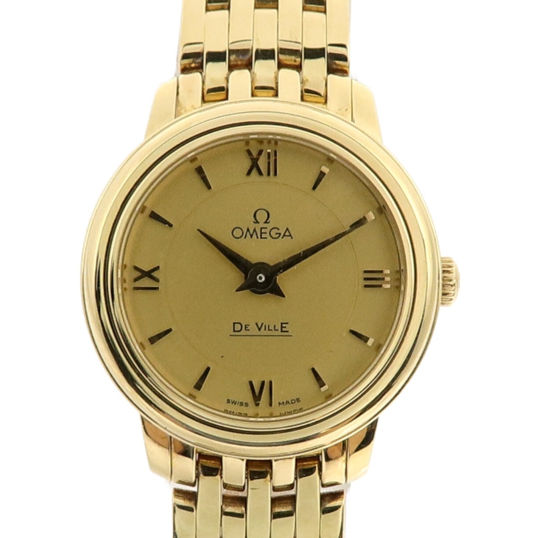 Omega De Ville Prestige 424.50.24.60.08.001: Automatic watch. Color: Gold / Gold. Material: K18 (Yellow Gold). Accessories: Storage box, guarantee. Case 24mm; max wrist 15.5cm; band 12mm.