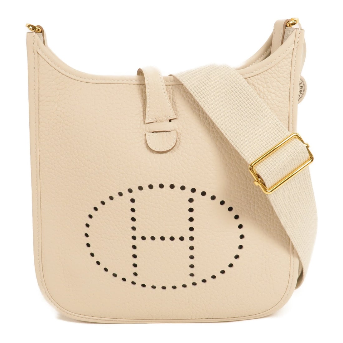 Hermes Evelyne 23 GHW Craie Bag: Beige Craie Evelyne 23 shoulder bag with GHW in Calfskin (cowhide). Includes storage box, storage bags, and shoulder strap. 23 x 21 x 6 cm; shoulder 102-133 cm. Model Evelyne TPM.