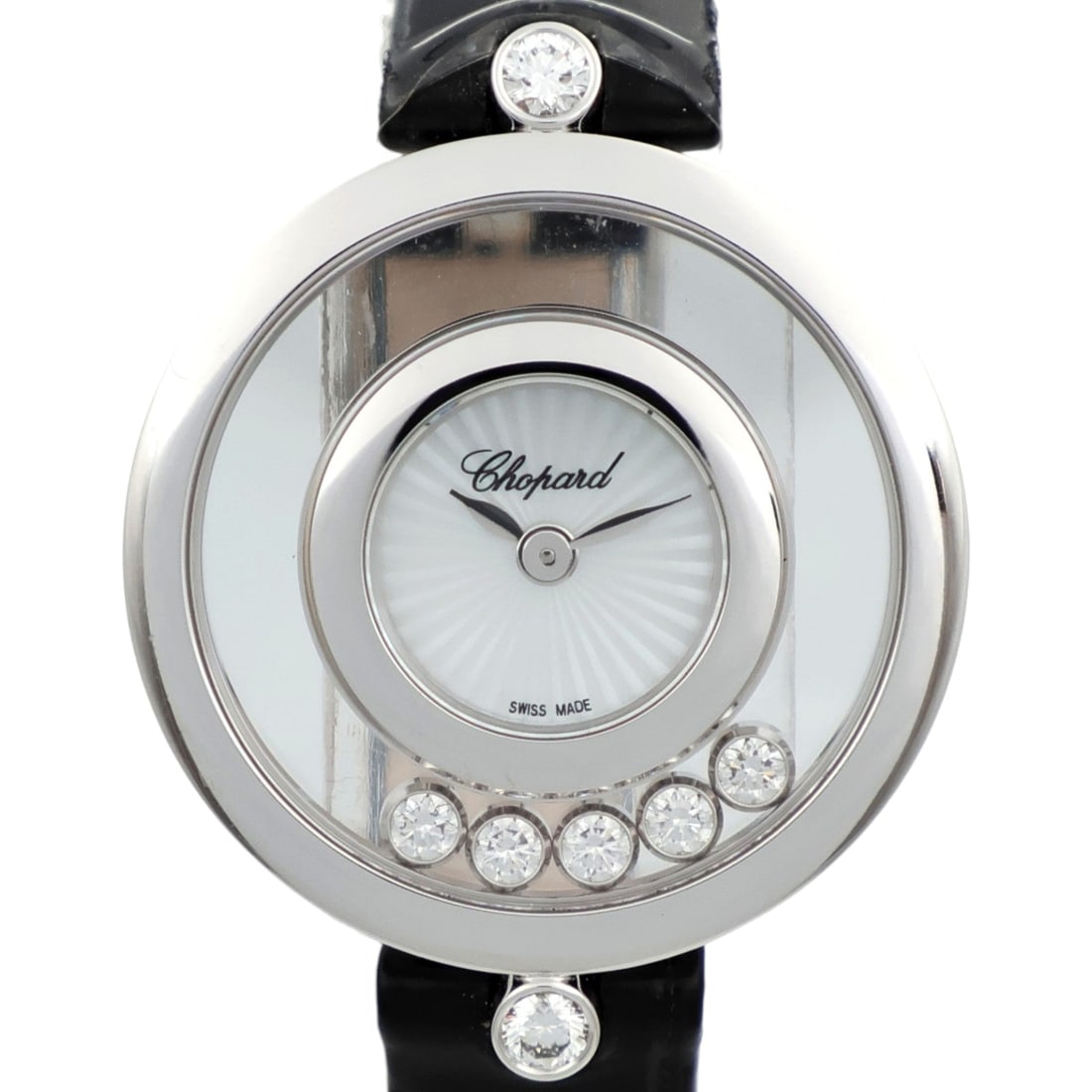 Chopard Happy Diamonds Icons 209415-1001: Wrist watch. Color: Black / Black. Material: K18WG (White Gold), Mother of Pearl. Model 209415-1001 (2026). Accessories: Storage box, guarantee. Case 25mm; wrist 14cm, max 17cm; band 10mm.