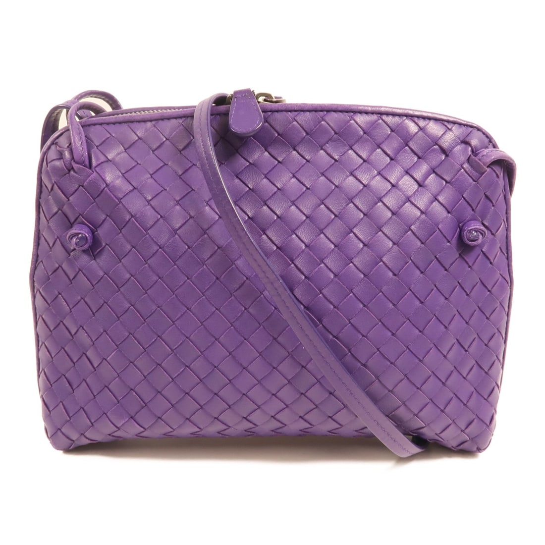 Bottega Veneta BV Crossbody Purple: BV crossbody shoulder bag in purple lambskin (sheep leather). Size: W26 x H20 x D24.5 cm. Shoulder 62-84 cm. Includes storage bag.