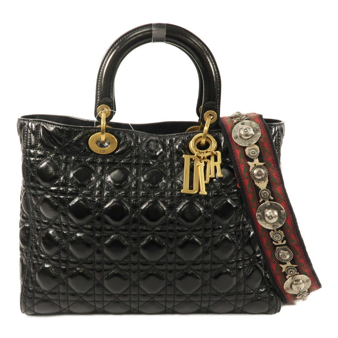 Dior CD GHW Lady Dior Black: CD GHW Lady Dior 2 way shoulder bag in black calfskin. Size: W32 x H24 x D12 cm. Handle 30 cm. Shoulder 96 cm. Includes storage bags guarantee and shoulder strap.