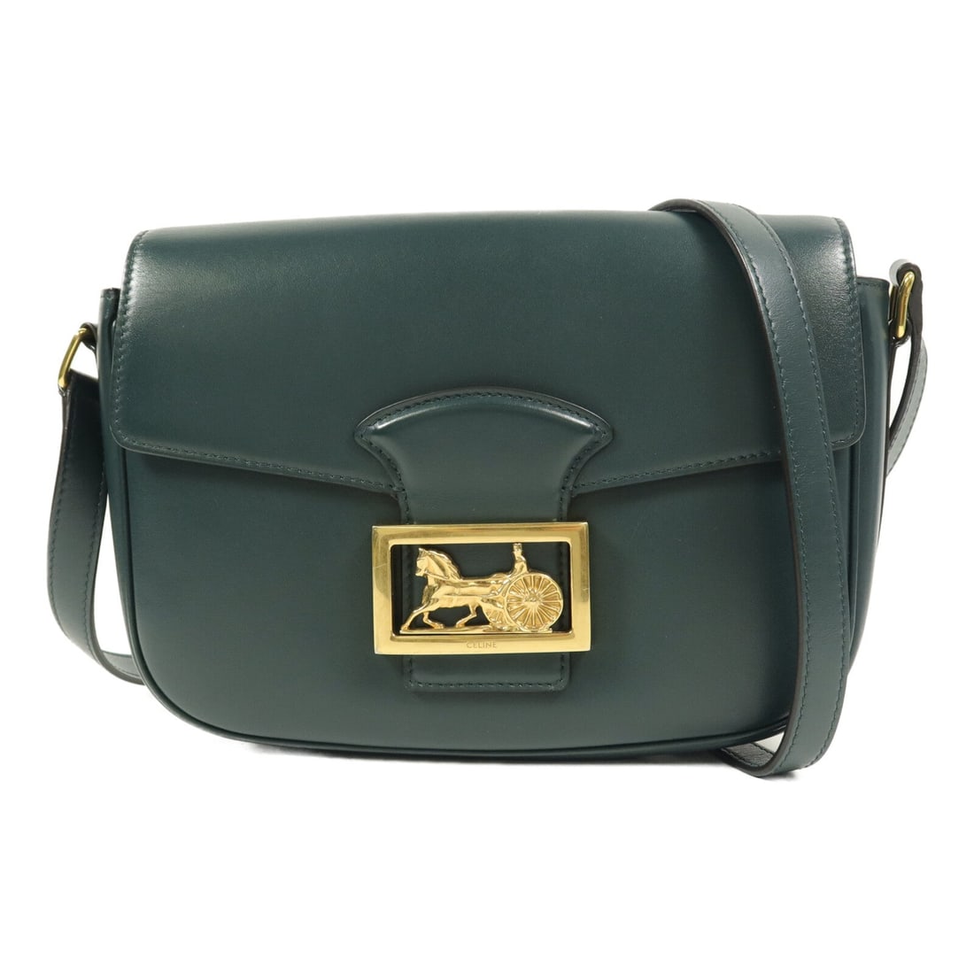 Celine GHW Horse Box Green Calfskin: GHW Horse Box shoulder bag in green calfskin (cowhide). Size: W25 x H17 x D6 cm. Shoulder 100-115 cm. Includes storage bag.
