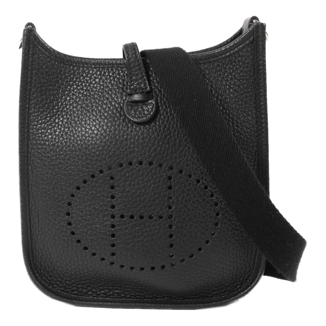 Hermes Evelyne TPM PHW Noir Clemence: Noir Evelyne TPM shoulder bag with PHW in Calfskin (cowhide). Includes storage box, storage bags, and shoulder strap. 17 x 19 x 5.5 cm; shoulder up to 111 cm. Model U/89/PHW.