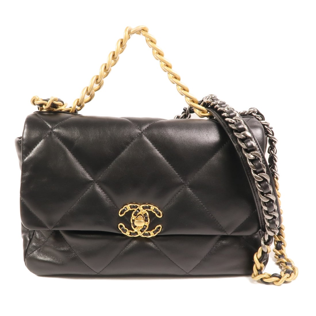 Chanel CC C19 Medium Black Lambskin: CC C19 Medium 2 way shoulder bag in black lambskin. Size: W29 x H21 x D9 cm. Handle 28 cm. Shoulder 102 cm. Includes storage box, storage bags, and hologram sticker.
