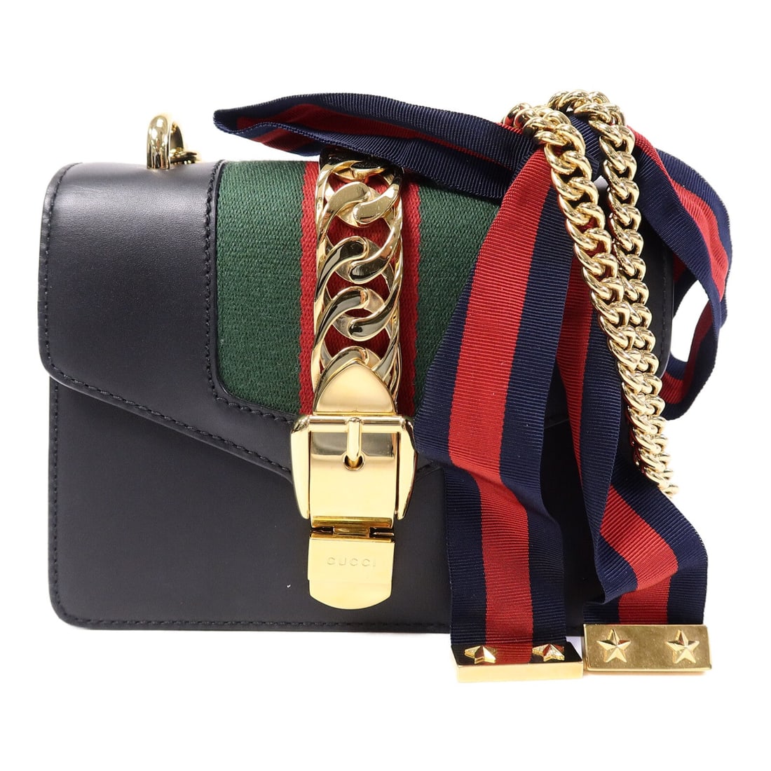 Gucci GG GHW Sylvie Black Calfskin: GG GHW Sylvie shoulder bag in black calfskin (cowhide). Size: W19 x H14.5 x D7.5 cm. Shoulder 104 cm. Includes storage bag.