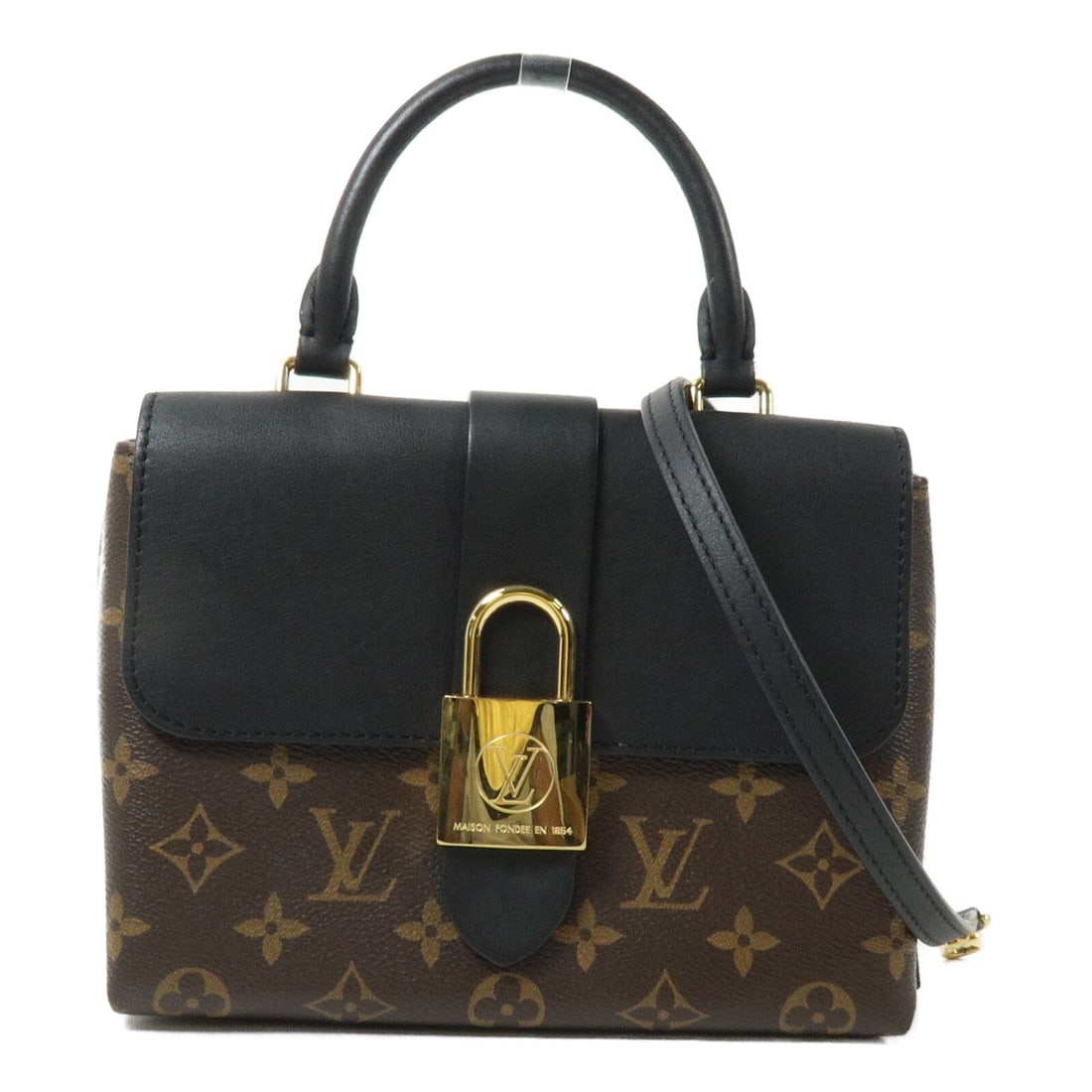 Louis Vuitton LV GHW Locky BB Brown: LV GHW Locky BB 2 way shoulder bag in black and brown Monogram PVC coated canvas. Size: W20 x H16 x D7 cm. Handle 24 cm. Shoulder 104-118.5 cm. Includes storage bags and shoulder strap.