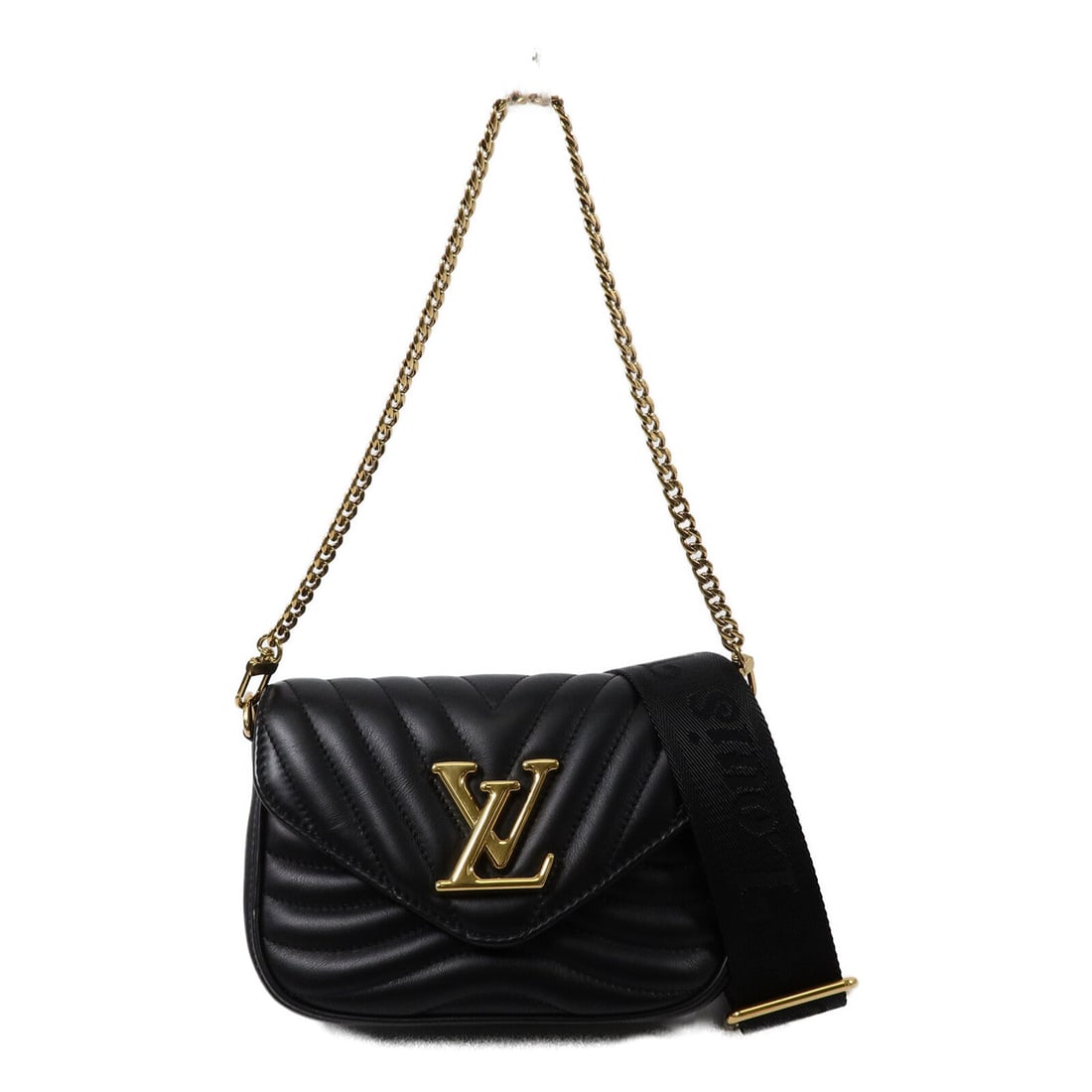Louis Vuitton LV GHW New Wave Black: LV GHW New Wave 2 way bag in black calfskin. Size: W18 x H14 x D4.5 cm. Handle 45 cm. Shoulder 64-102 cm. Includes storage bags shoulder strap and pouch.